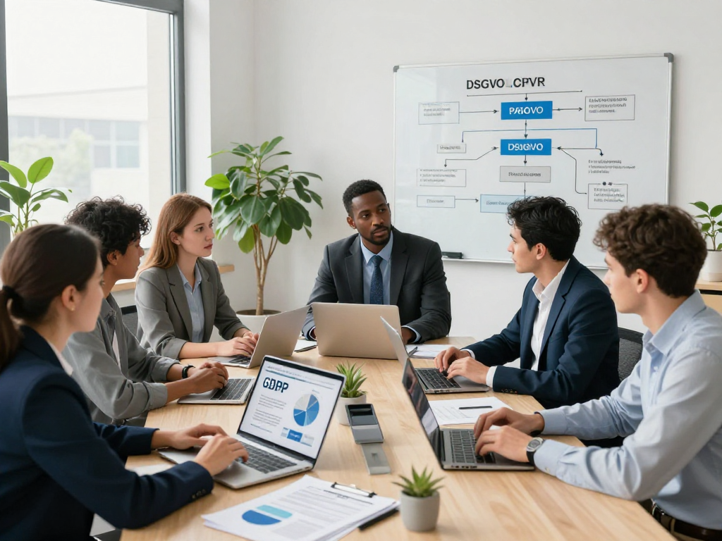 Wissen / Blog-Hub team collaborating on DSGVO compliance in a modern office setting.