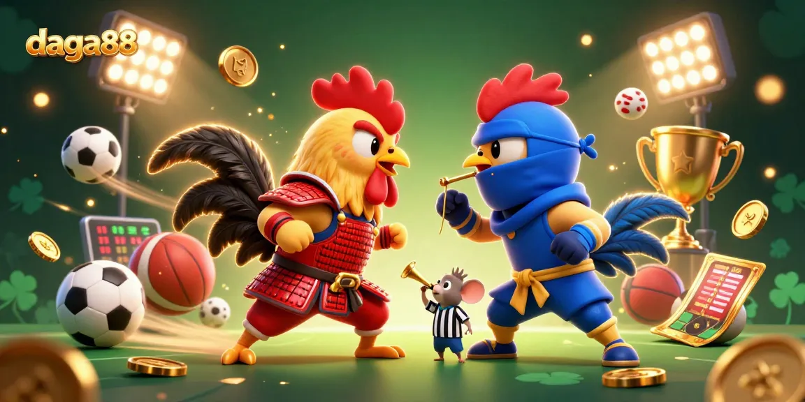 Engage in thrilling cockfighting action with daga88, featuring dynamic 3D roosters and gaming elements.
