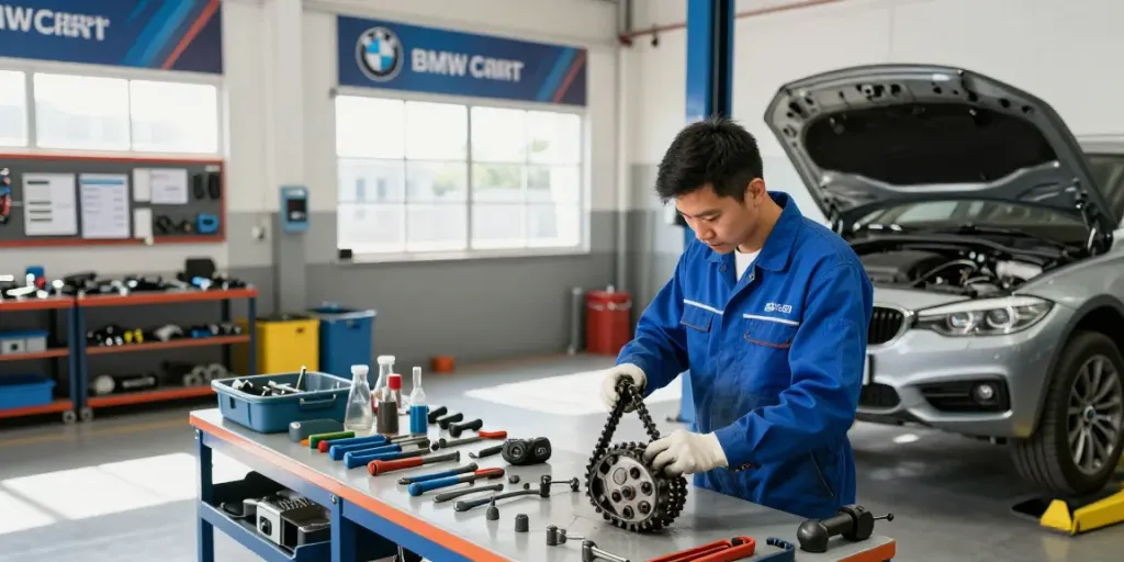 Professioneller Mechaniker in einer BMW Werkstatt in Hannover beim Wechseln der Steuerkette an einem Fahrzeug.