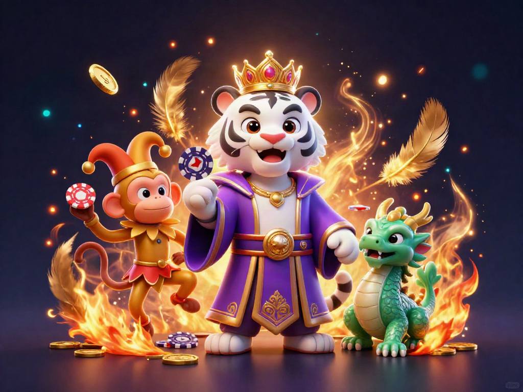 Experience Đăng Nhập Xo88 with an engaging casino scene featuring a royal white tiger, a jester monkey, and a jade dragon.