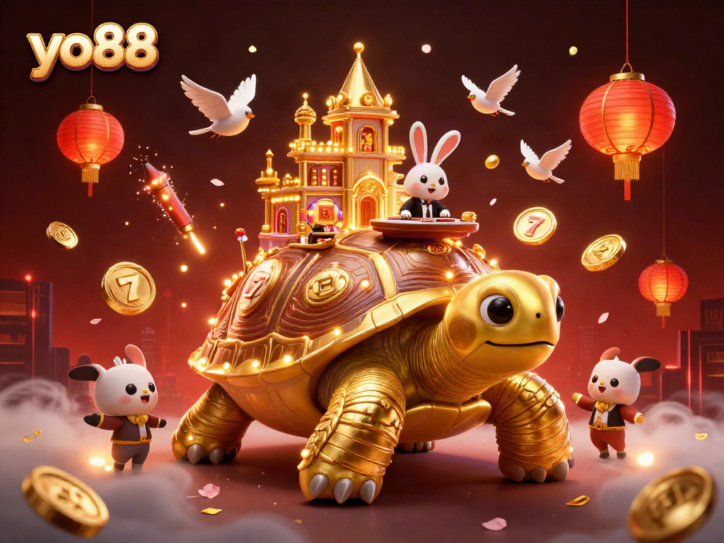 Experience excitement with yo88's vibrant casino scene featuring a golden tortoise and rabbit dealer.