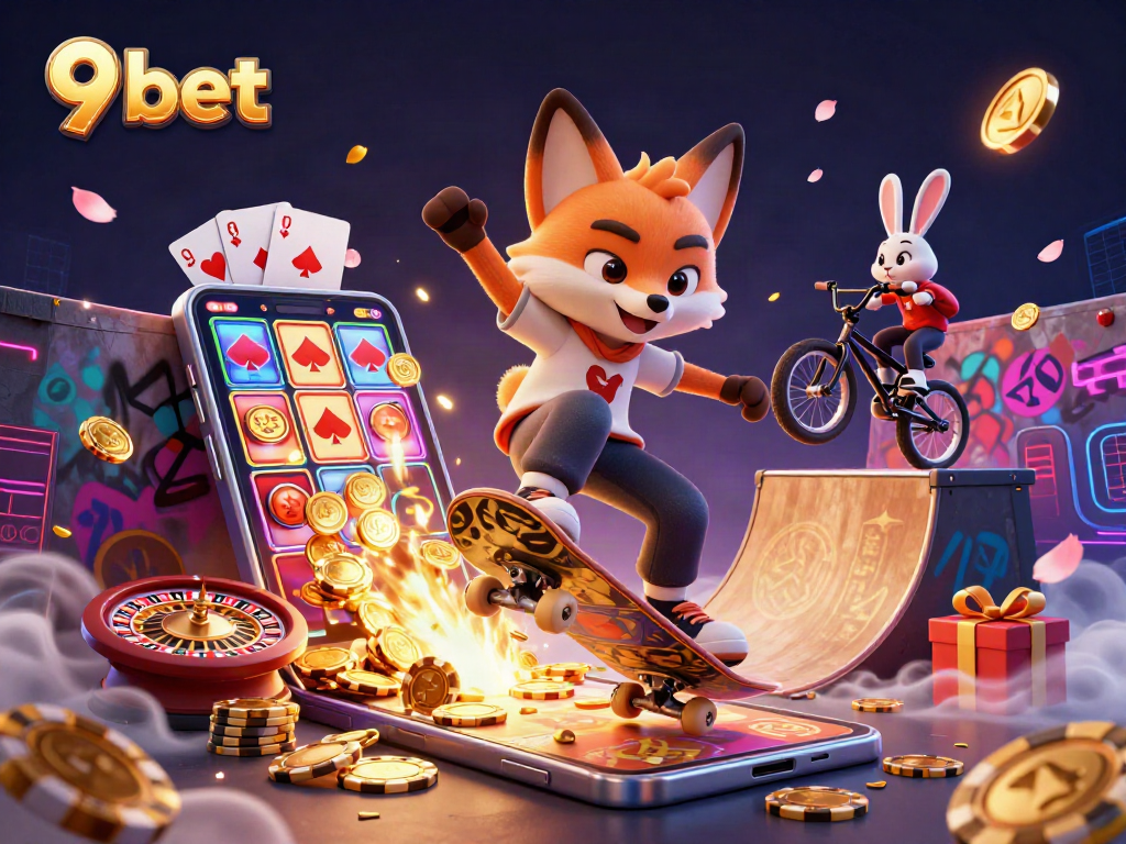 Experience thrilling gaming with 9 bet as the fox performs tricks over poker chip ramps.