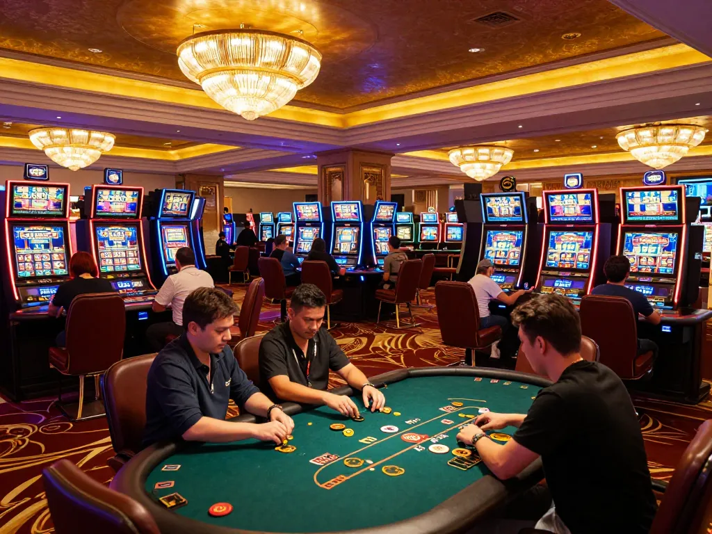 Players enjoying dynamic gameplay at GO88, showcasing a vibrant casino atmosphere with slot machines and poker tables