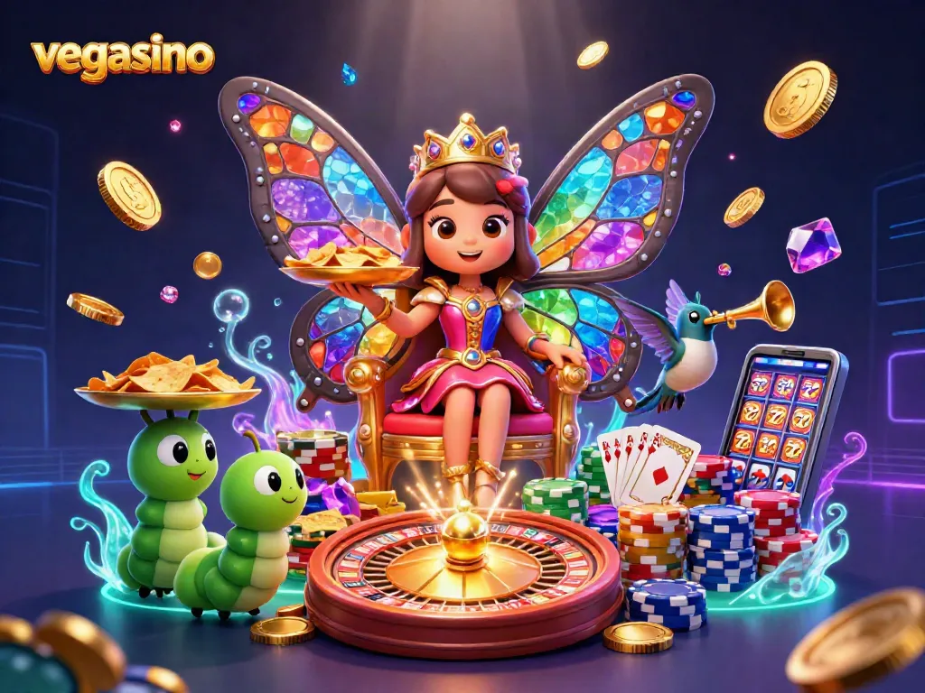 Experience the vibrant world of vegasino with the butterfly queen and dynamic casino elements.