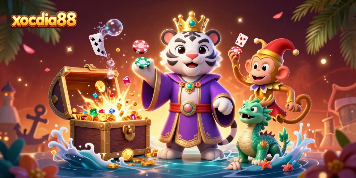 Xocdia88 players winning big in a vibrant casino-themed illustration featuring dynamic characters and treasure elements.