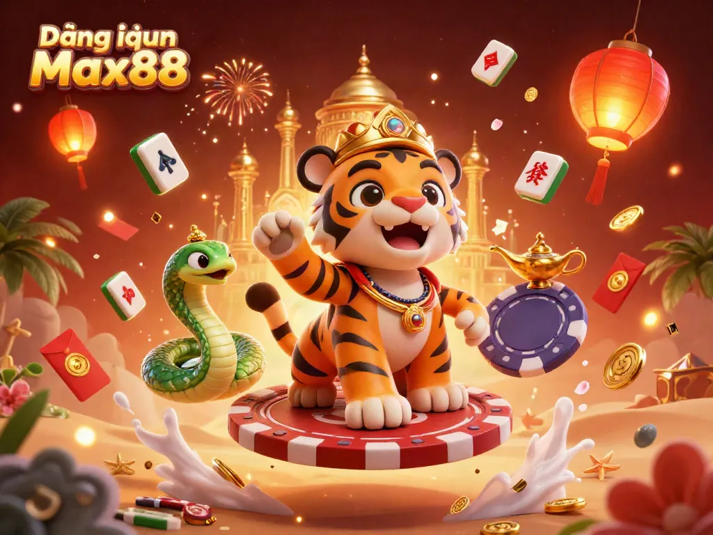 Engage in a thrilling experience with Đăng nhập Max88, featuring a magical tiger sultan and vibrant casino elements.