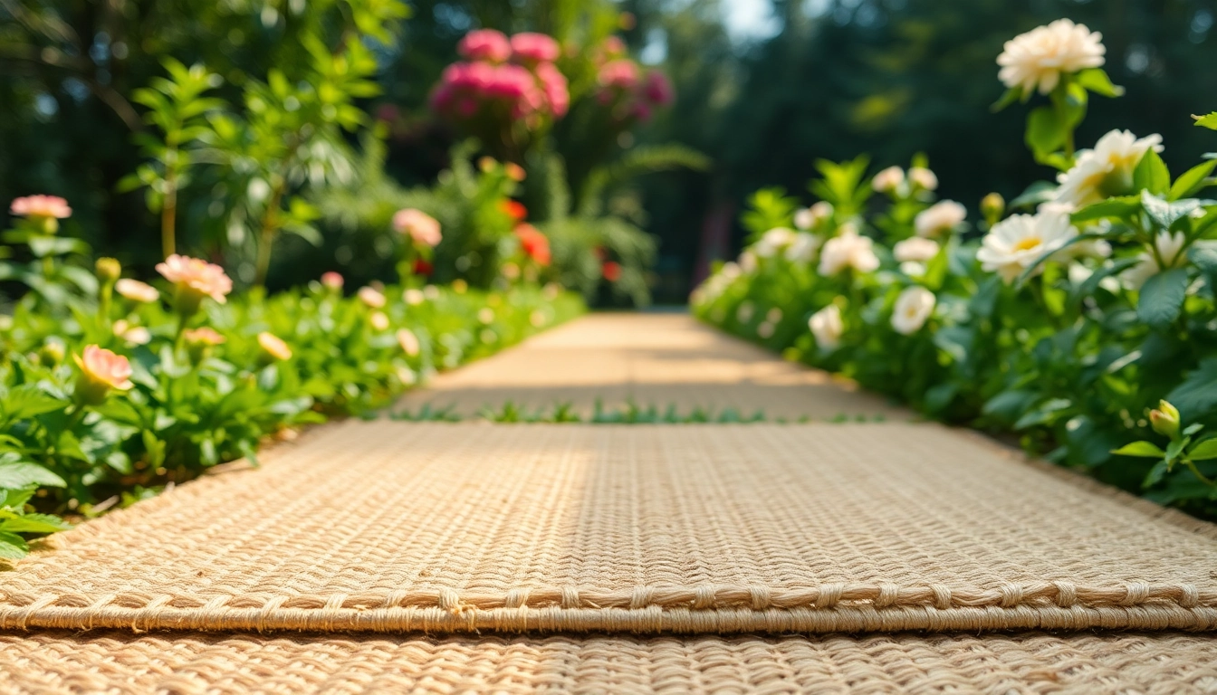Hanfmatte präsentiert in einem ruhigen Garten mit üppigem Grün und blühenden Blumen.