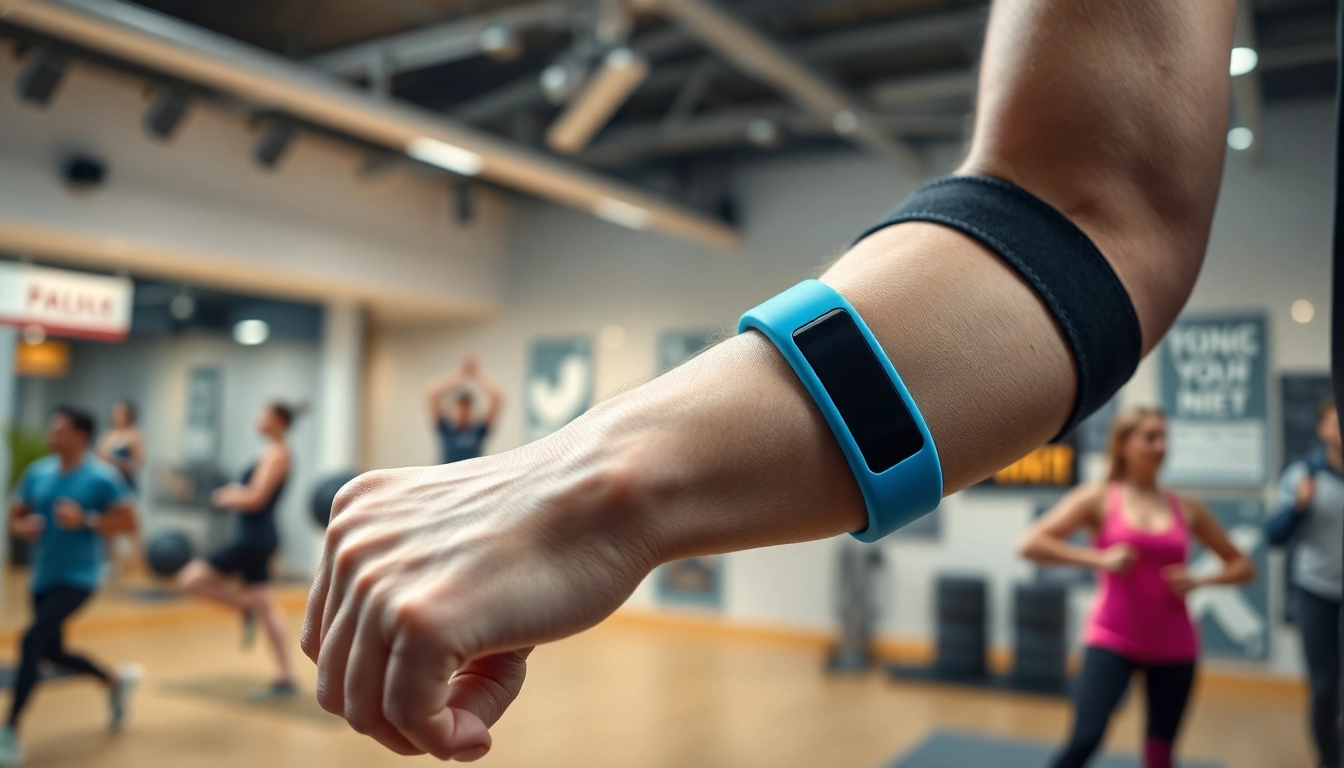 Fitness-Armband, das dynamisch beim Sporteln am Handgelenk getragen wird.