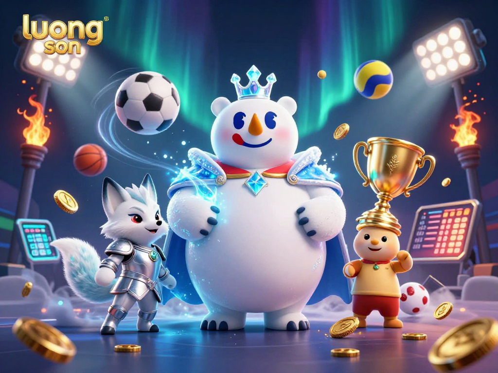 Engage in 'luong son' sports betting with dynamic energy, featuring a polar bear and fox among vibrant sports elements.