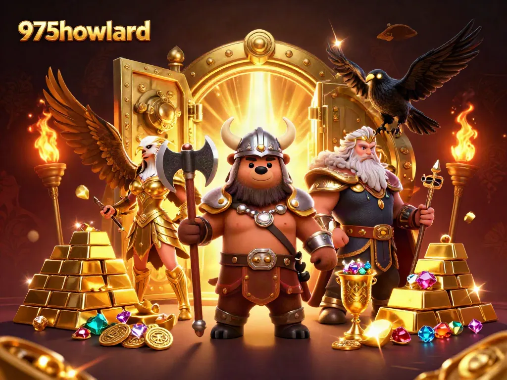 Engage with 975howard's vibrant Viking-themed casino illustration featuring treasure and gaming elements.