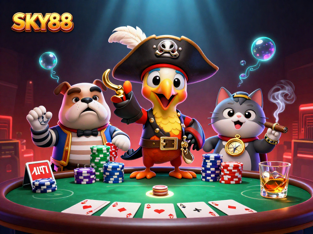 SKY88 showcases an exciting poker scene with a charismatic cartoon pirate captain, bulldog, and cat navigator.