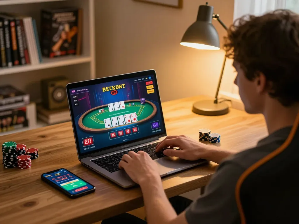 Player engaged in strategic blackjack gameplay on 79King's online platform with laptop and smartphone.