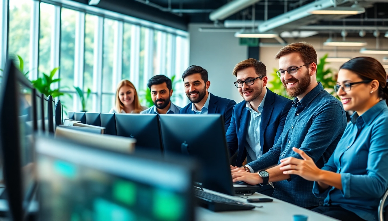 IT Dienstleister bei der Zusammenarbeit in einem modernen Buero mit technologischen Geraeten.