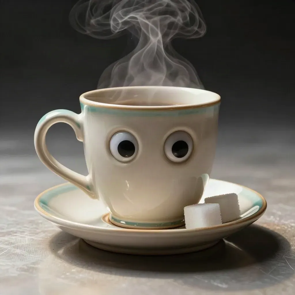 Wackel-Augen-Kaffeebecher mit Untertasse, Zuckerwürfeln und aufsteigendem Dampf im Studio