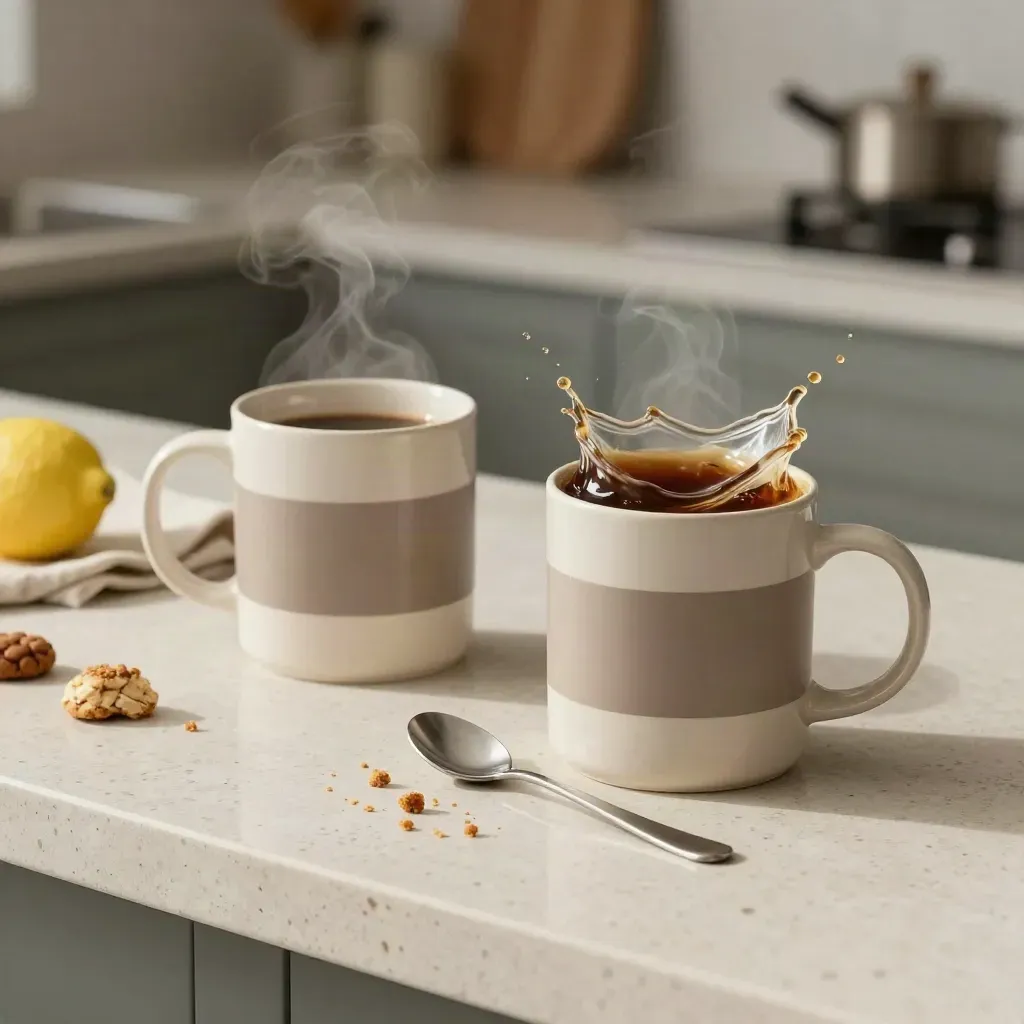 Zwei unmarkierte Spruchbecher mit Kaffee, Dampf und Keksbröseln auf hellem Stein.