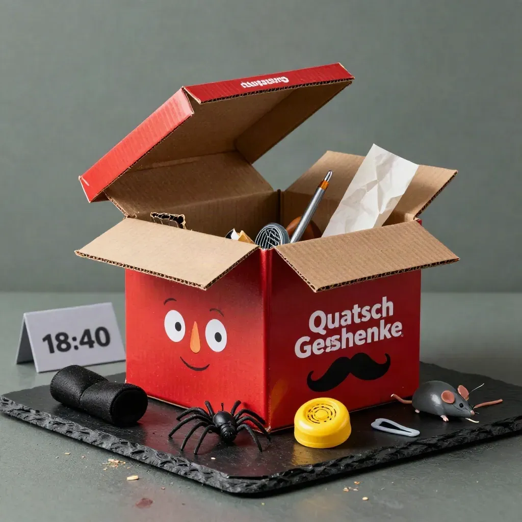 Rote Büro-Notfallbox mit frechen Scherzartikeln auf dunklem Stein, dramatisch ausgeleuchtet.