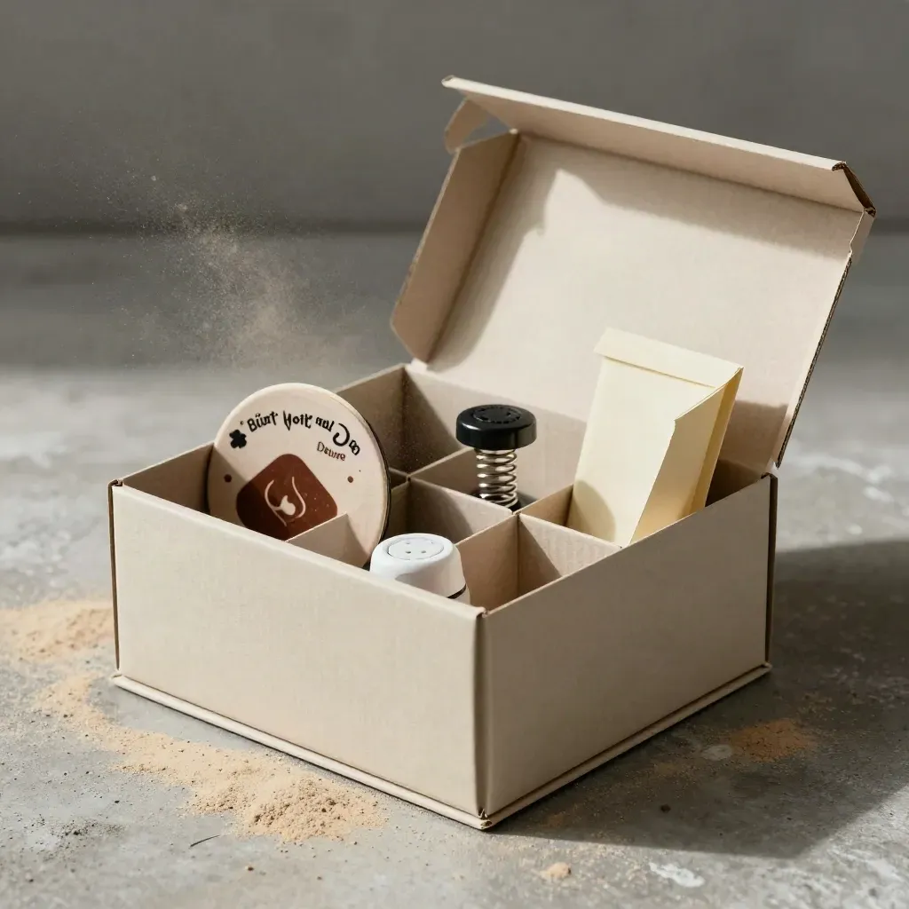 Makro der Büro-Notfallbox Deluxe aus Karton auf Beton, Fächer geöffnet im harten Licht.