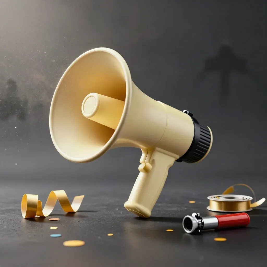 Gelbes Mini-Megafon, Party-Props und Konfetti im düsteren Studio-Licht.