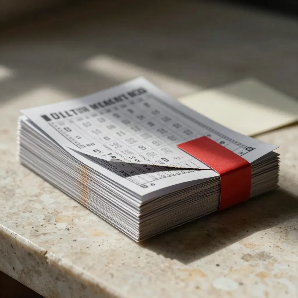 Falsche Lottoscheine als gefächertes Papierpaket auf Travertin mit rotem Akzent
