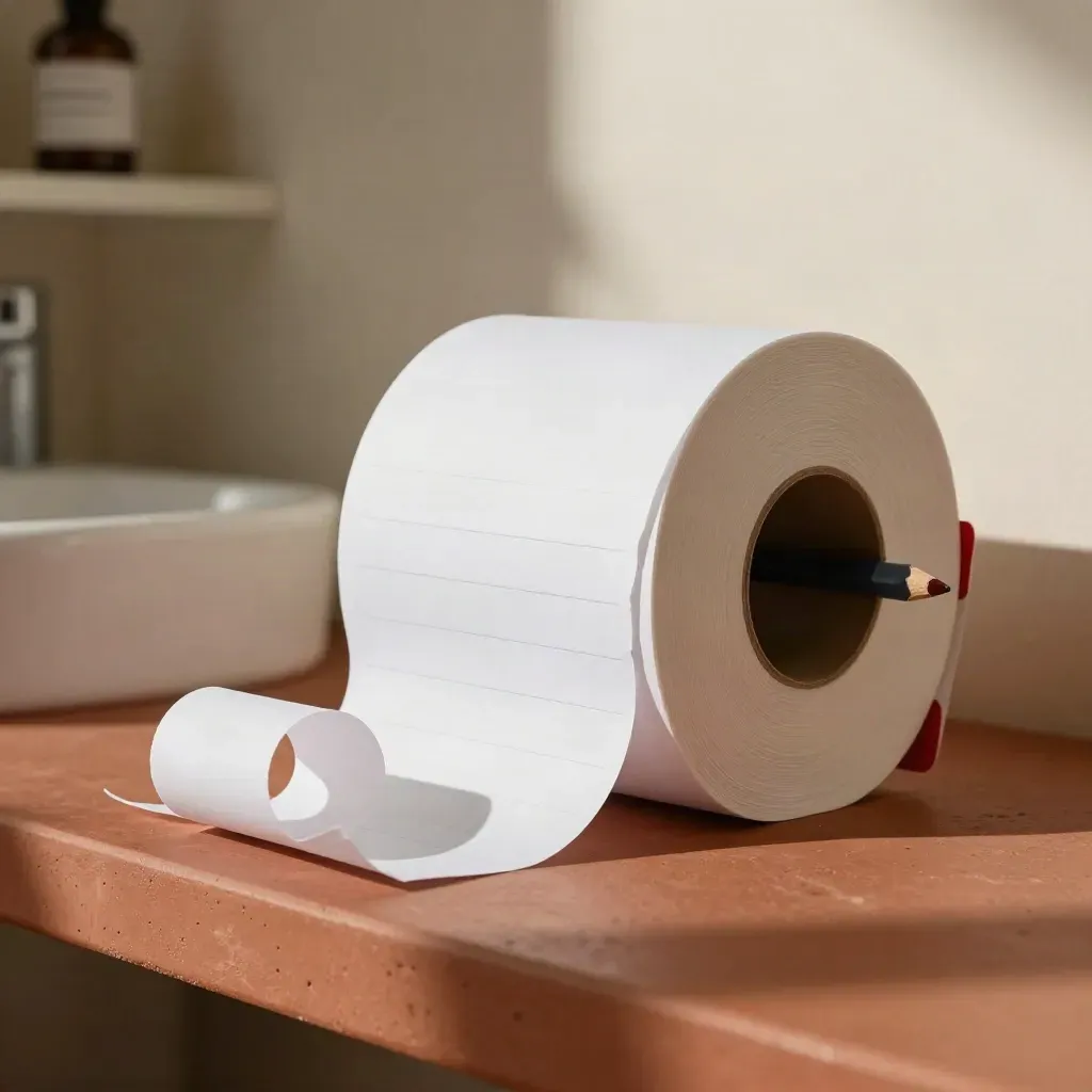 Büro-Klopapier-Memo auf terracottafarbener Ablage mit Papierwirbel und kleinem Stifthalter