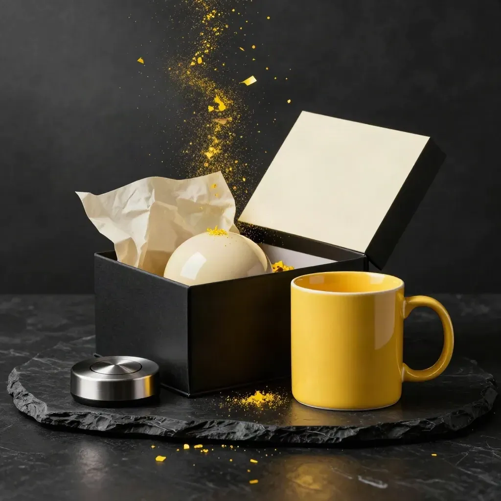 Offene Geschenkbox mit Gag-Artikeln, Karte und gelbem Konfetti auf dunkler Studiofläche