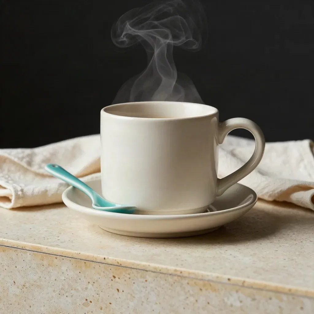 Schwere Chef-Tasse mit Untertasse, dampfendem Kaffee und türkisfarbenem Akzent im Studio.