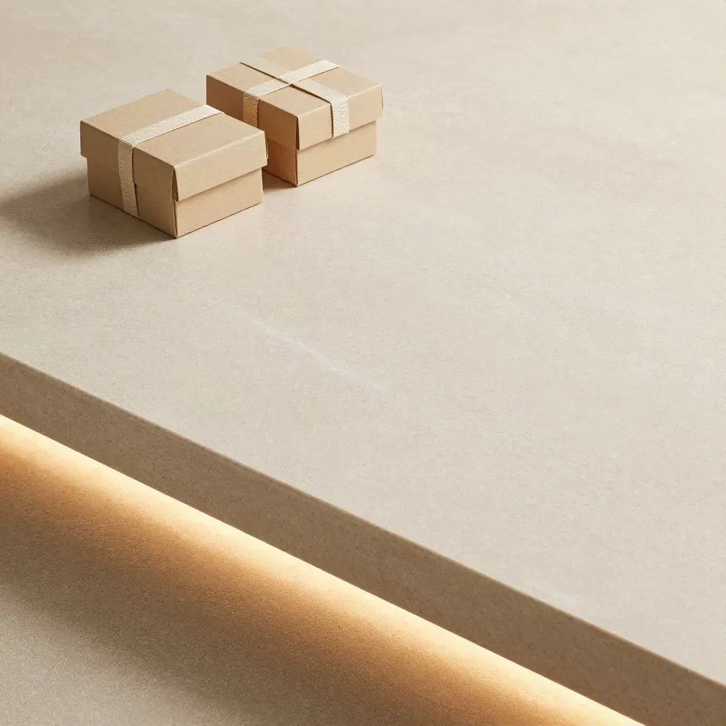Helle Travertinfläche mit cremefarbenen Geschenkboxen und weichem Licht oben.