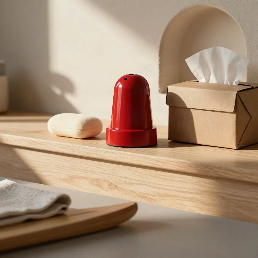Rote Büro-Gag-Geschenke auf hellem Holz mit viel freier Fläche unten.