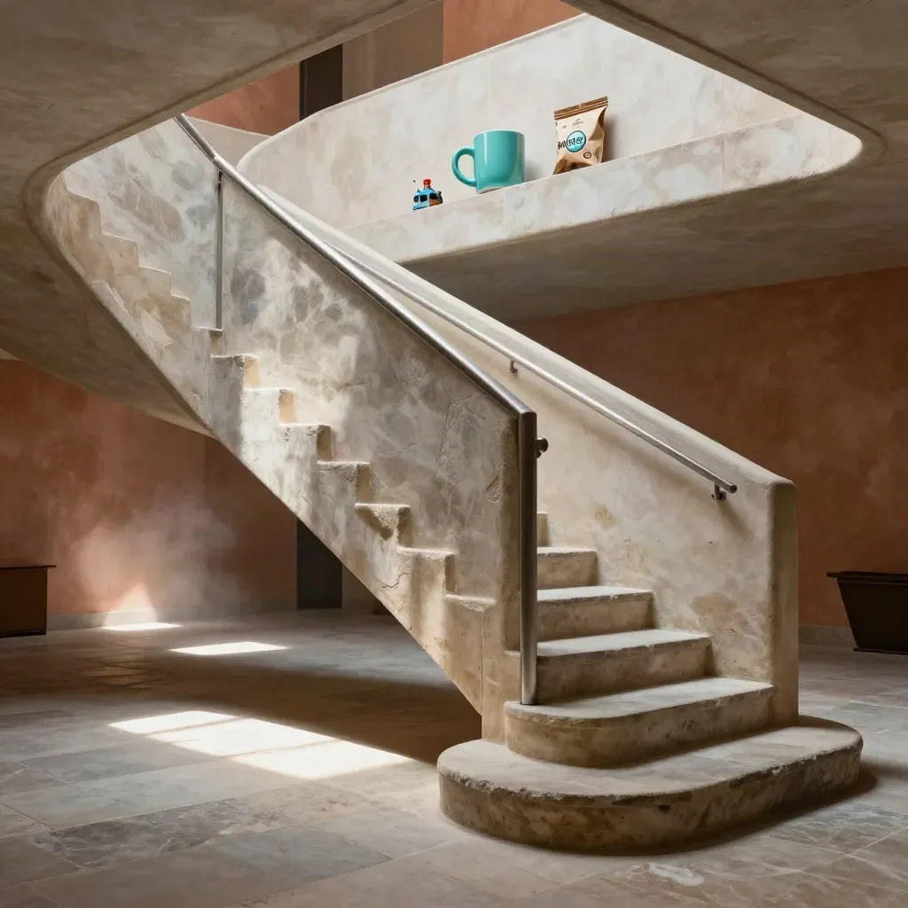Steinatrium mit Treppe, Schattenrampe und türkisem Akzent im weichen Mittagslicht