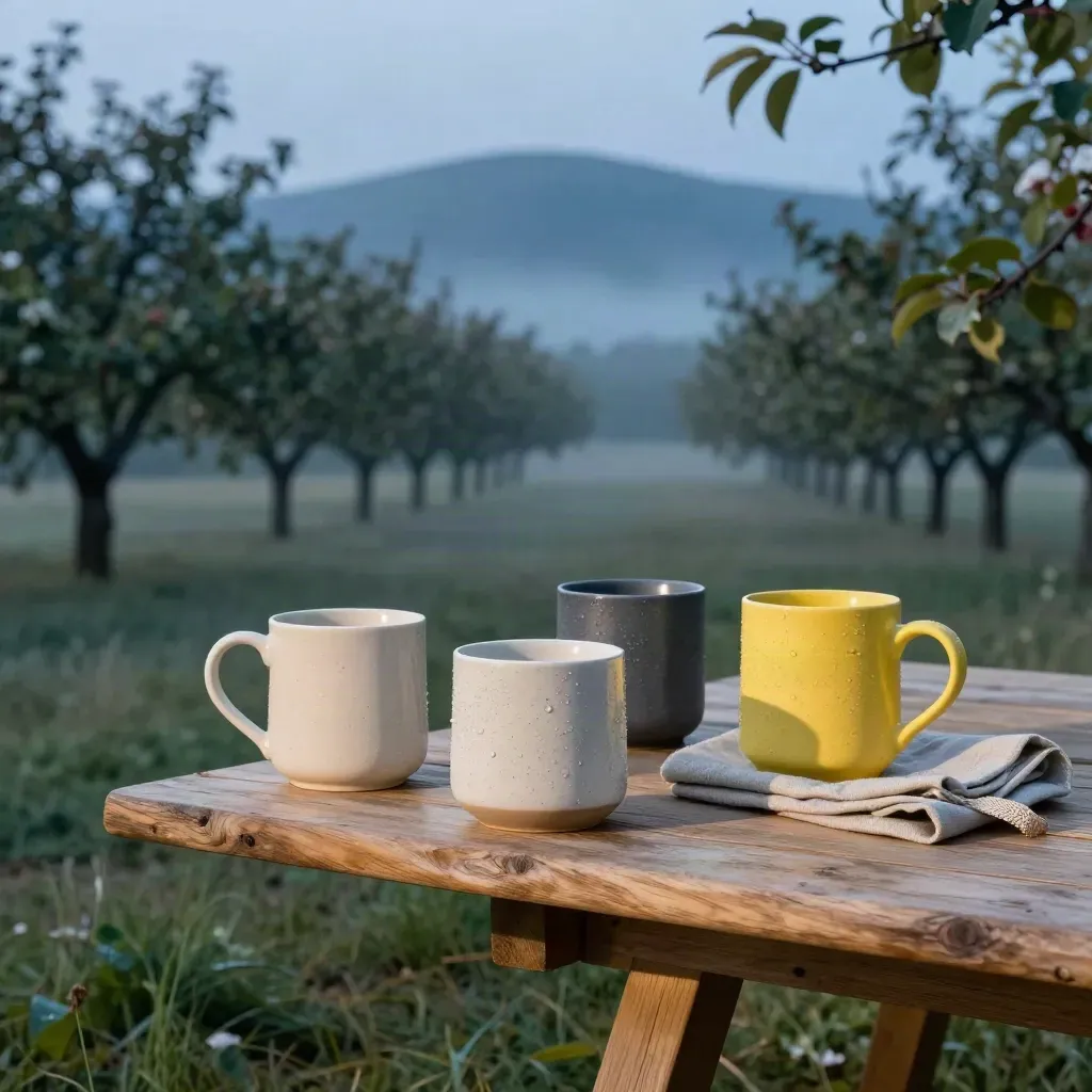 Weite Obstwiese mit Hügeln und drei Tassen am Holztisch im Abendlicht.