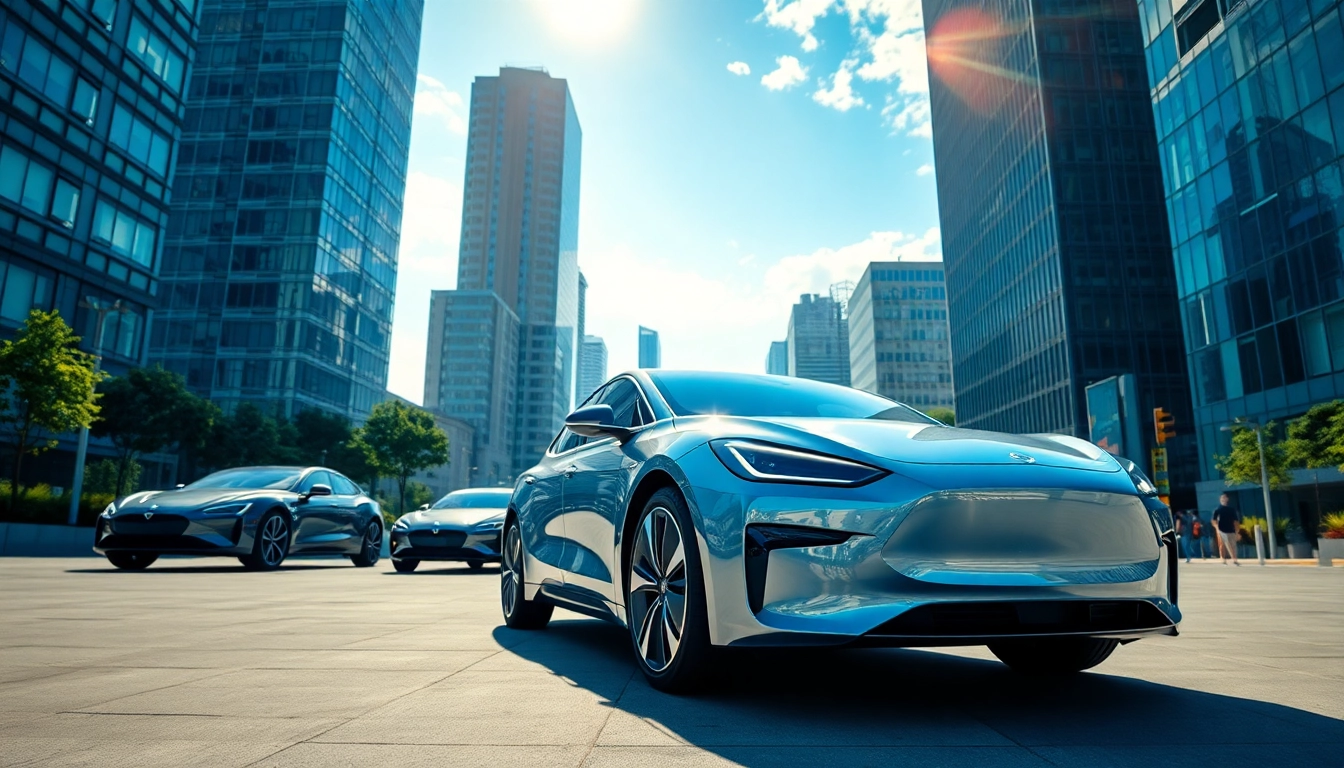 Elektroautos auf einer modernen Stadtstraße mit Sonnenlicht und urbaner Umgebung.