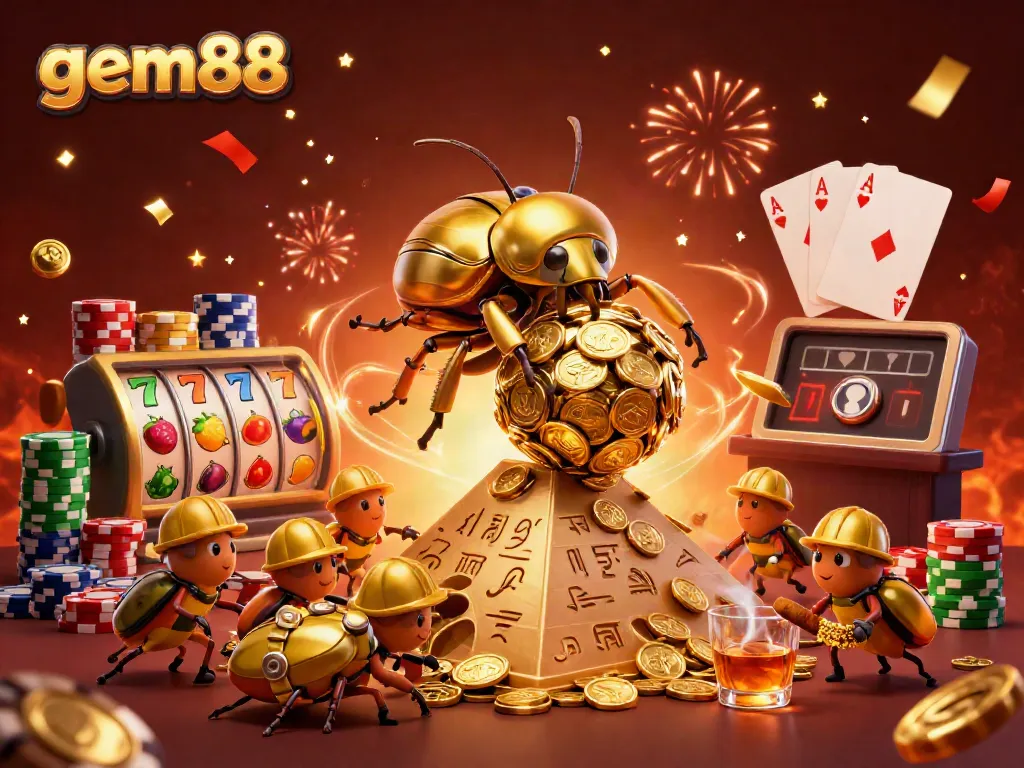 Experience the excitement with gem88 as golden beetles navigate a vibrant casino scene.