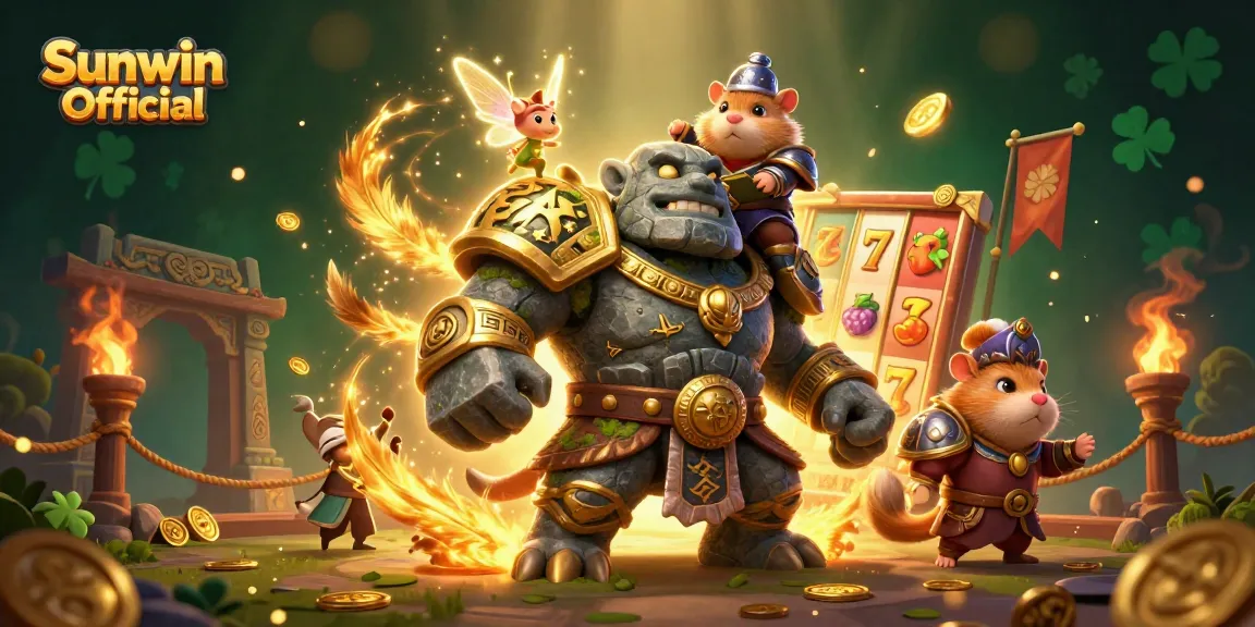 Join the adventure with Sunwin Official in this magical gambling scene featuring ancient characters and slot reels.