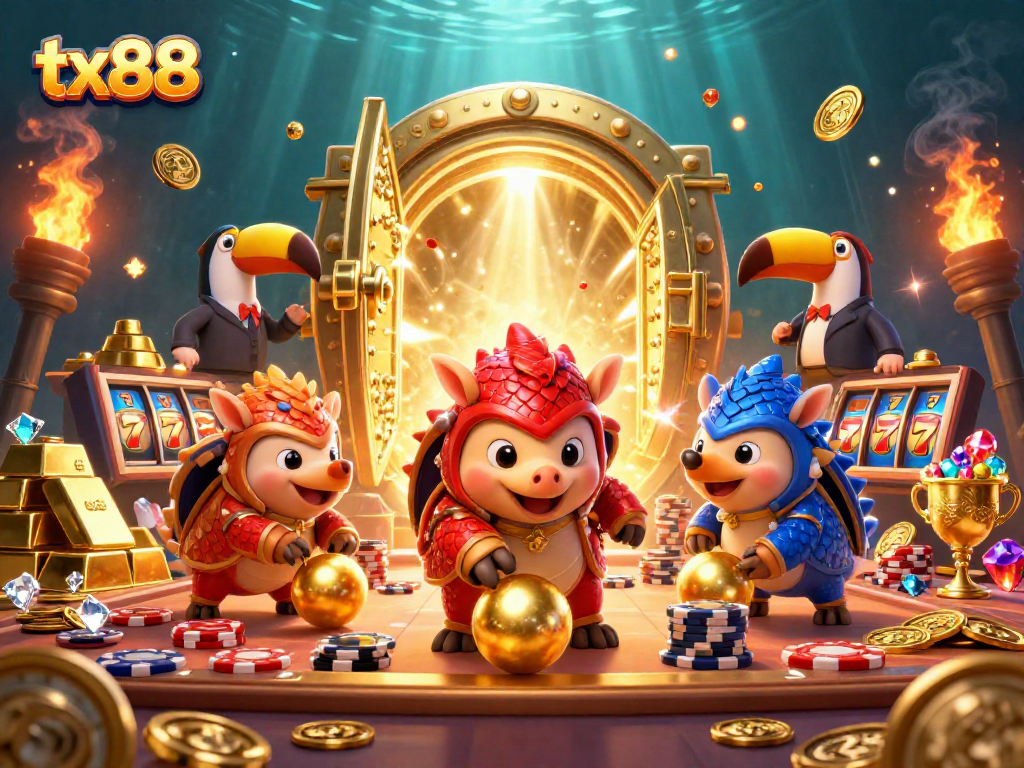 tx88 pangolins compete in a vibrant slots game scene filled with gold and jewels