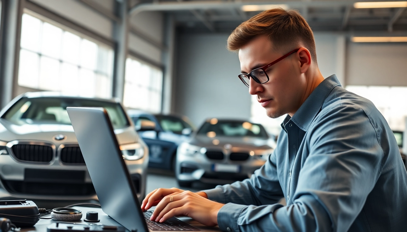 BMW Codierer arbeitet konzentriert an modernem Auto in einer gut beleuchteten Werkstatt.