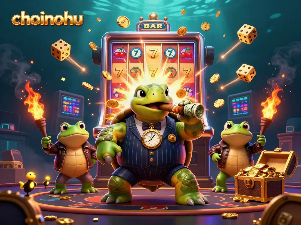 Experience thrilling wins with choinohu's lively 3D illustration of a turtle and bullfrogs at the casino.