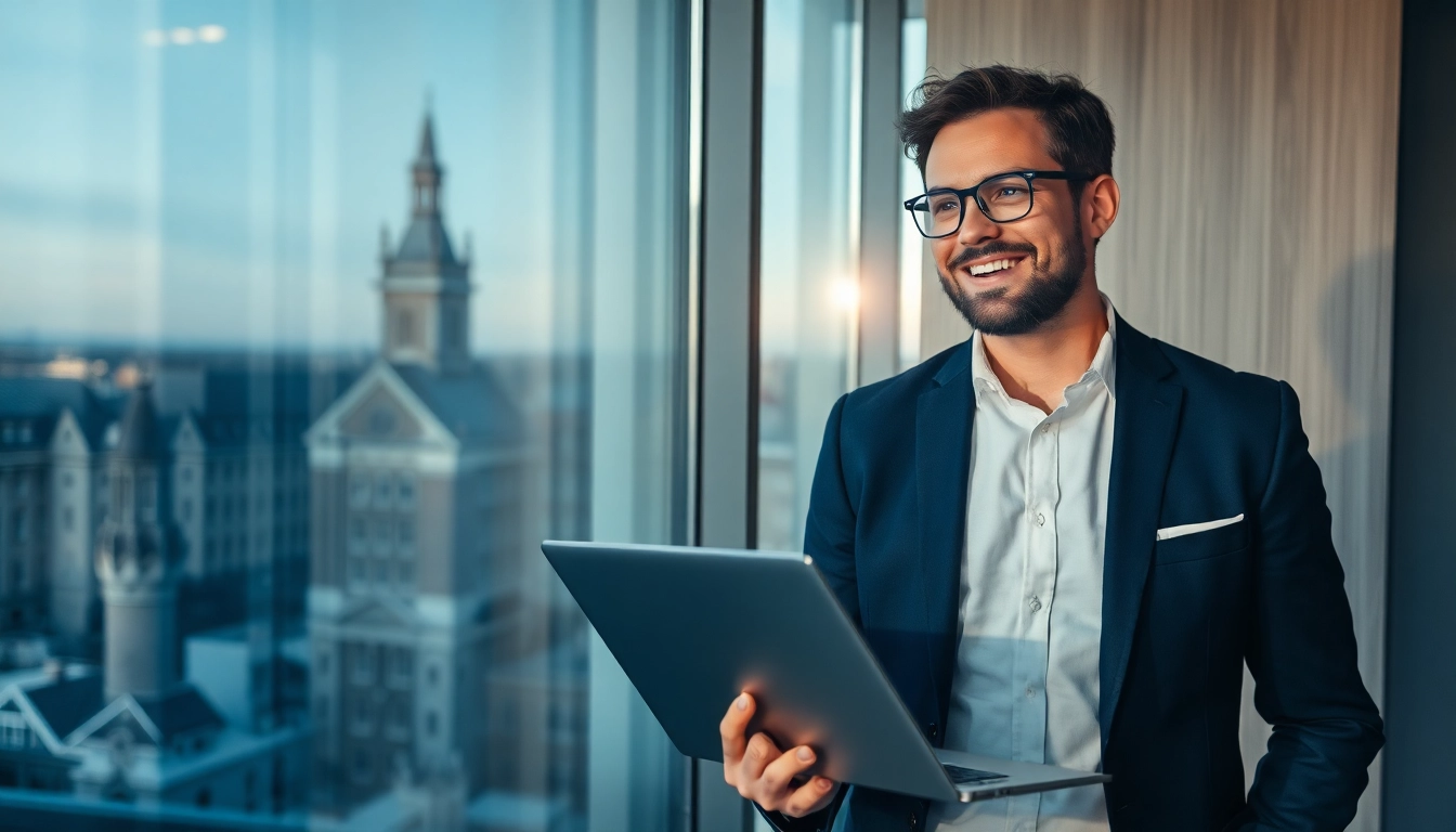Headhunter Lübeck berät Kunden im modernen Büro mit Stadtansicht.