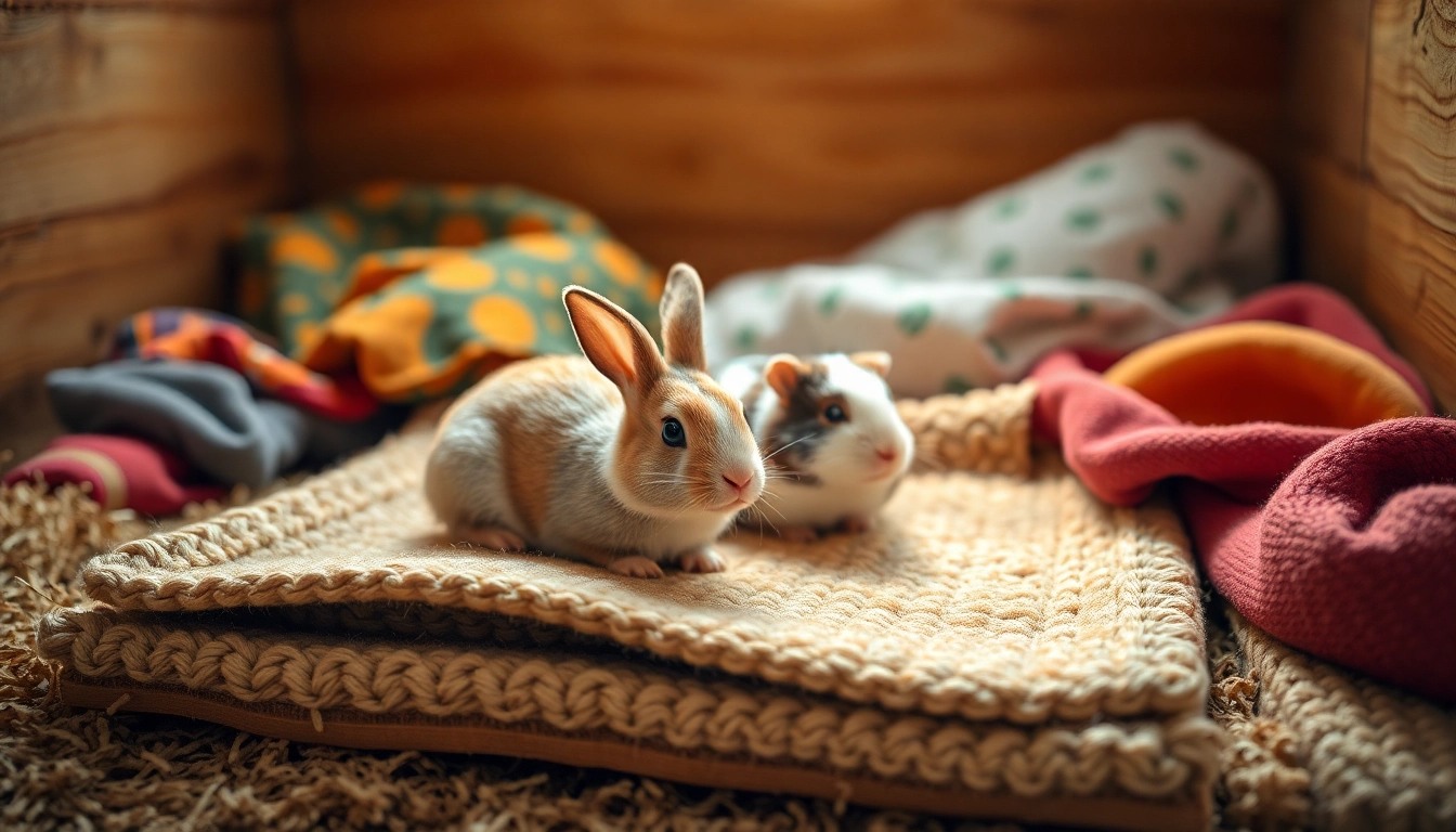 Hanfmatte in einer kleinen Tierumgebung mit einem Kaninchen und Meerschweinchen.