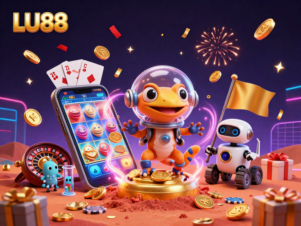LU88 showcases a joyful Martian gecko with a retro suit exploring a golden casino scene filled with games and celebration.