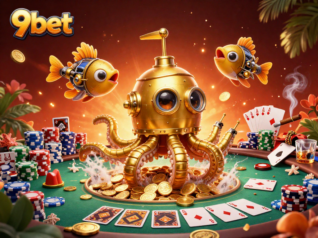 Engaging scene of 9bet’s adventurous kraken submarine amidst poker elements, showcasing excitement in gambling.