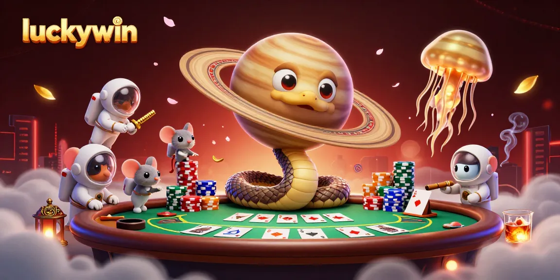 Engage with luckywin's thrilling game action featuring cosmic characters and vibrant casino elements.