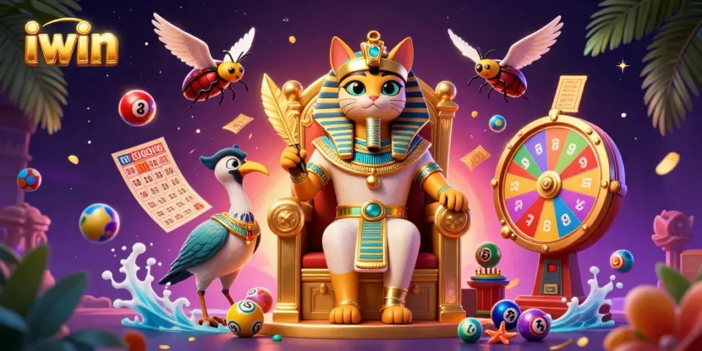 iwin pharaoh cat and ibis creating a vibrant lottery scene with exciting game elements and dynamic action