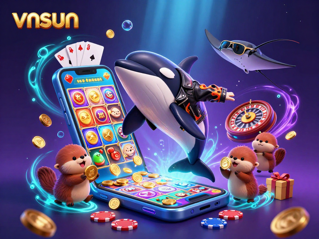 Join the excitement at vnsun with orca bikers and otters winning golden coins in a vibrant casino scene.
