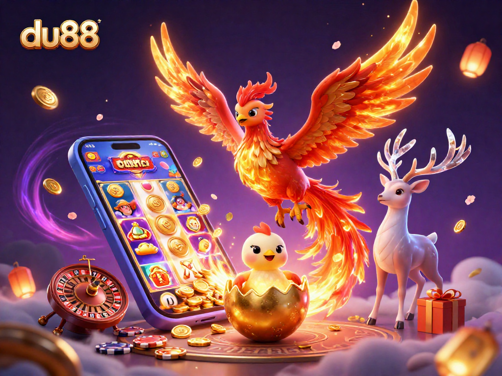 Experience du88 with a dazzling fire phoenix soaring amid slot games, coins, and festive decorations.