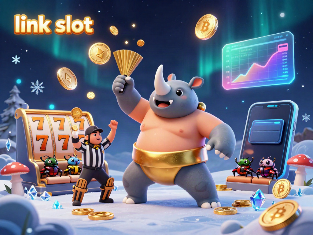 Experience the excitement of link slot with a beetle champion soaring through golden coins in a vibrant casino scene.