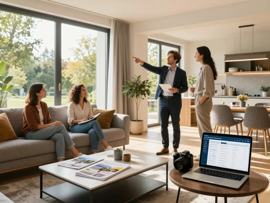 Immobilienmakler Frankfurt Ginnheim präsentiert eine moderne Wohnung potenziellen Käufern und zeigt einen geräumigen Wohnbereich mit natürlichem Licht.