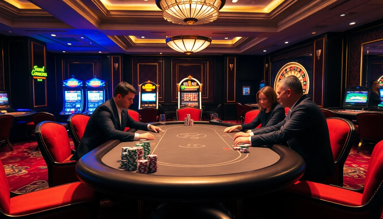 Players at a high-stakes poker table in an elegant casino setting, inspired by https://go88vn.id/, showcasing thrilling gambling action.