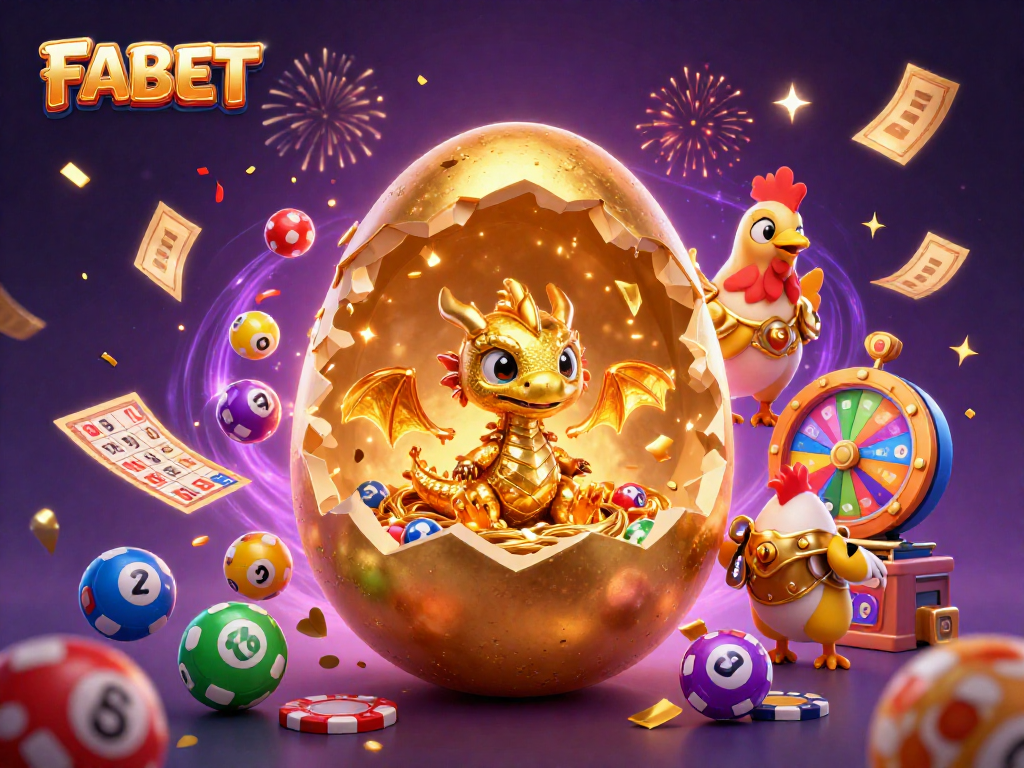Experience thrilling gaming at FABET with a magnificent golden dragon amidst vibrant lottery elements.