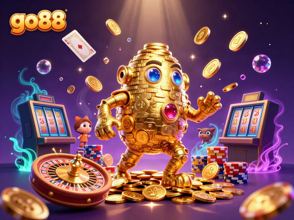 Experience thrilling gameplay with the go88 ancient golden golem surrounded by vibrant casino elements.