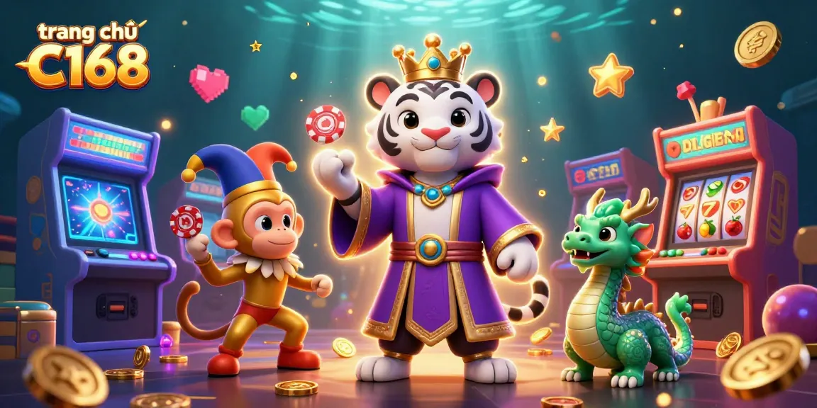 Engage with exciting slots at trang chủ C168 with an illustration of lively casino characters.
